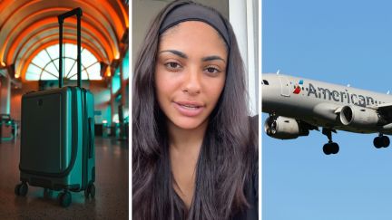 traveling luggage (l) woman shares American Airlines experience (c) American Airlines aircraft (r)