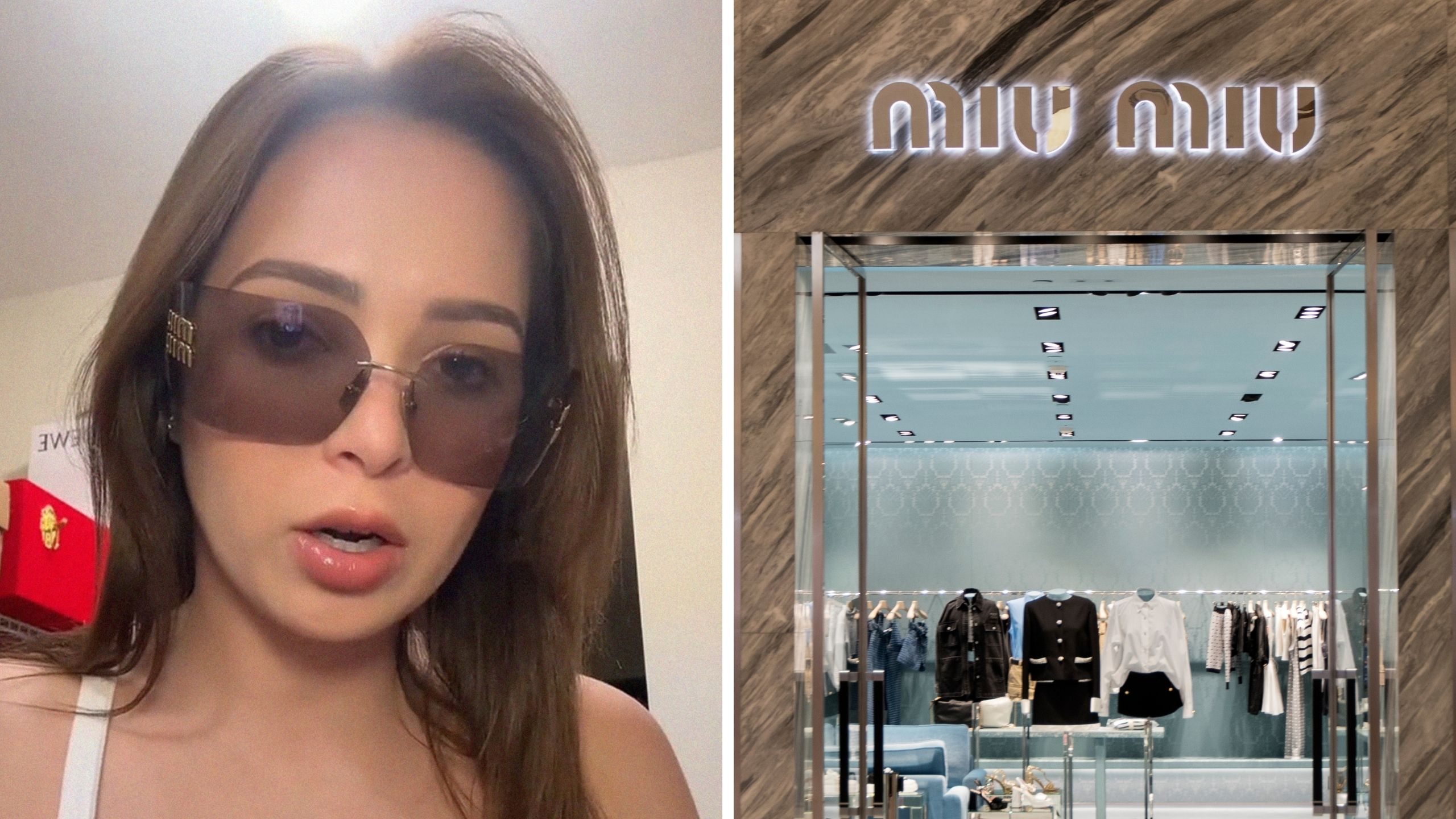 woman shares sunglasses purchase issue (l) MIU MIU store entrance (r)