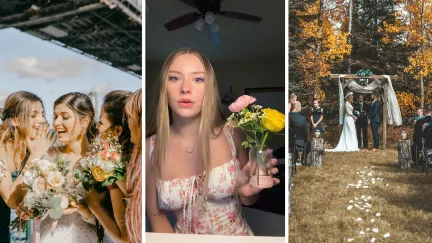 bride and maid of honor whispering (l) woman shares brother's wedding issue (c) couple getting married (r)