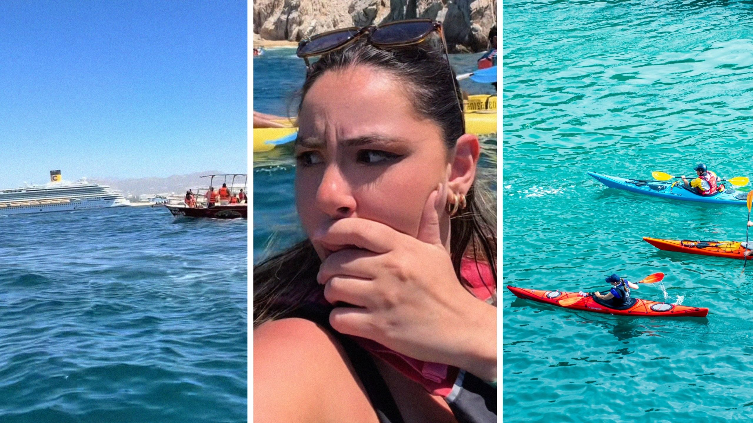 woman shares water surrounding (l) woman shares kayaking experience (c) Kayaking in Cabo (r)