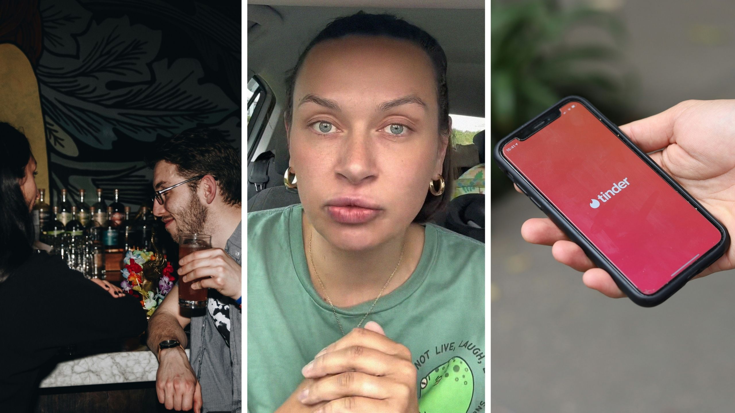man and woman go on a first date (l) woman shares date experience (c) Tinder dating app (r)