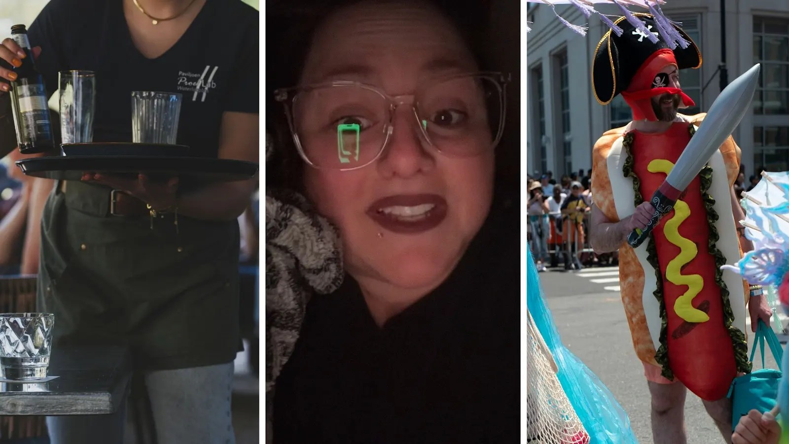 woman working as waitress (l) woman shares crazy date experience (c) pirate and hotdog costumes (r)