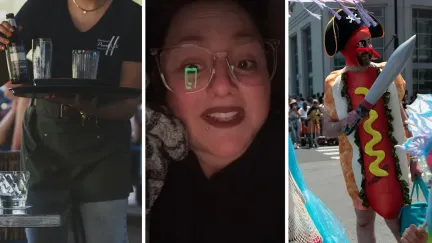 woman working as waitress (l) woman shares crazy date experience (c) pirate and hotdog costumes (r)