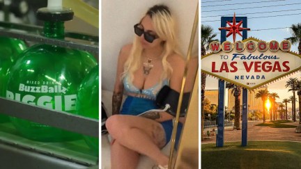 Biggie buzzballz (l) woman on the floor (c) Las vegas sign (r)