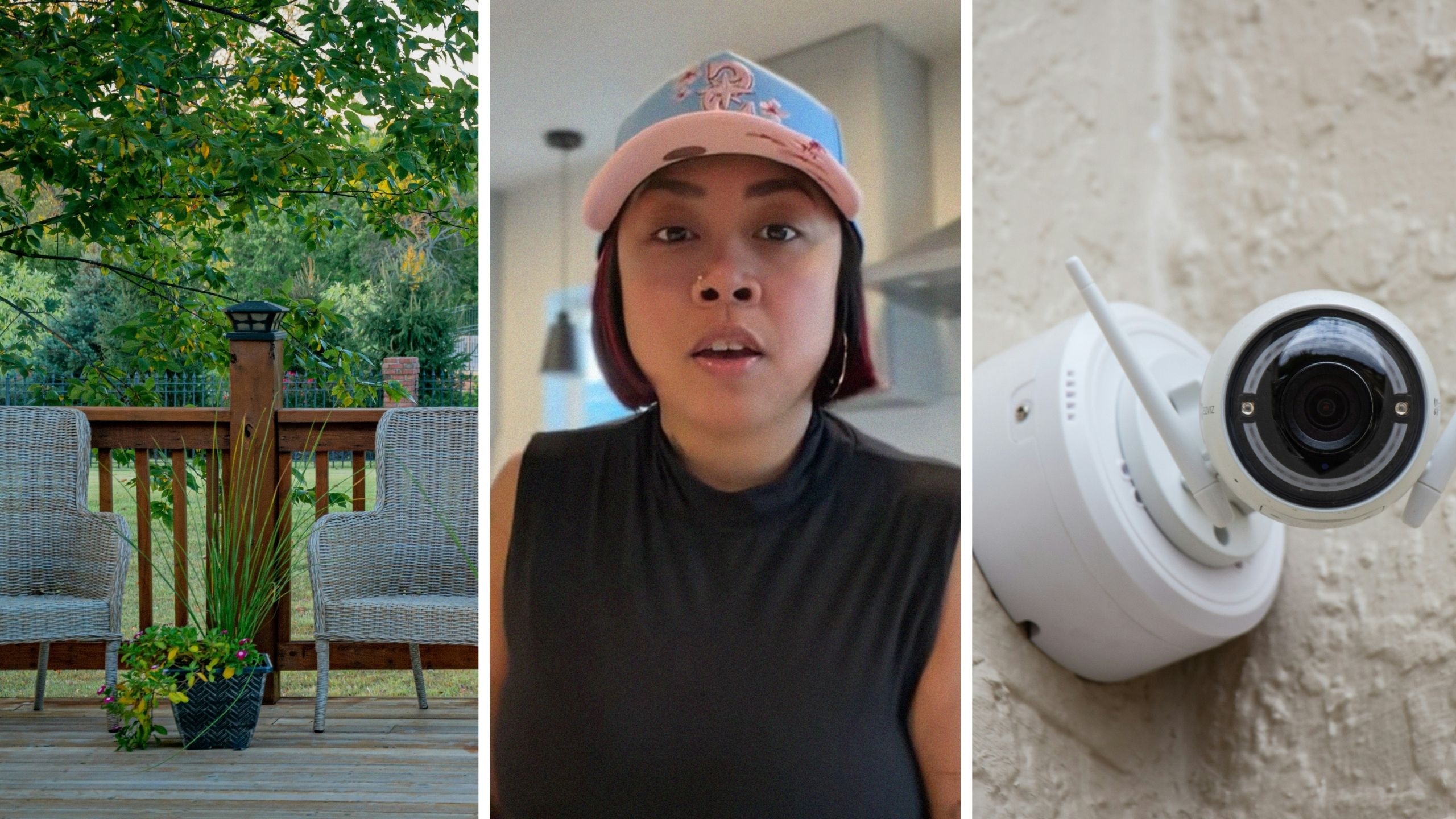 Backyard view (l) woman shares camera observation (c) Security camera (r)