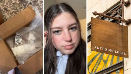 opened package (l) woman shares purchase issue (c) Anthropologie storefront (r)