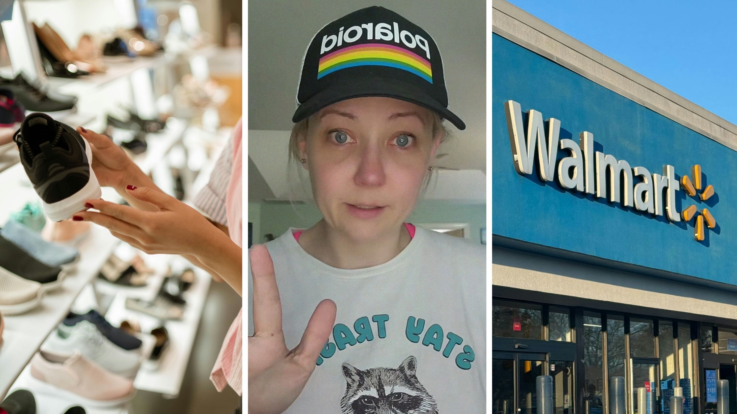 woman grabs shoe off shelf (l) woman shares walmart experience (c) walmart storefront (r)