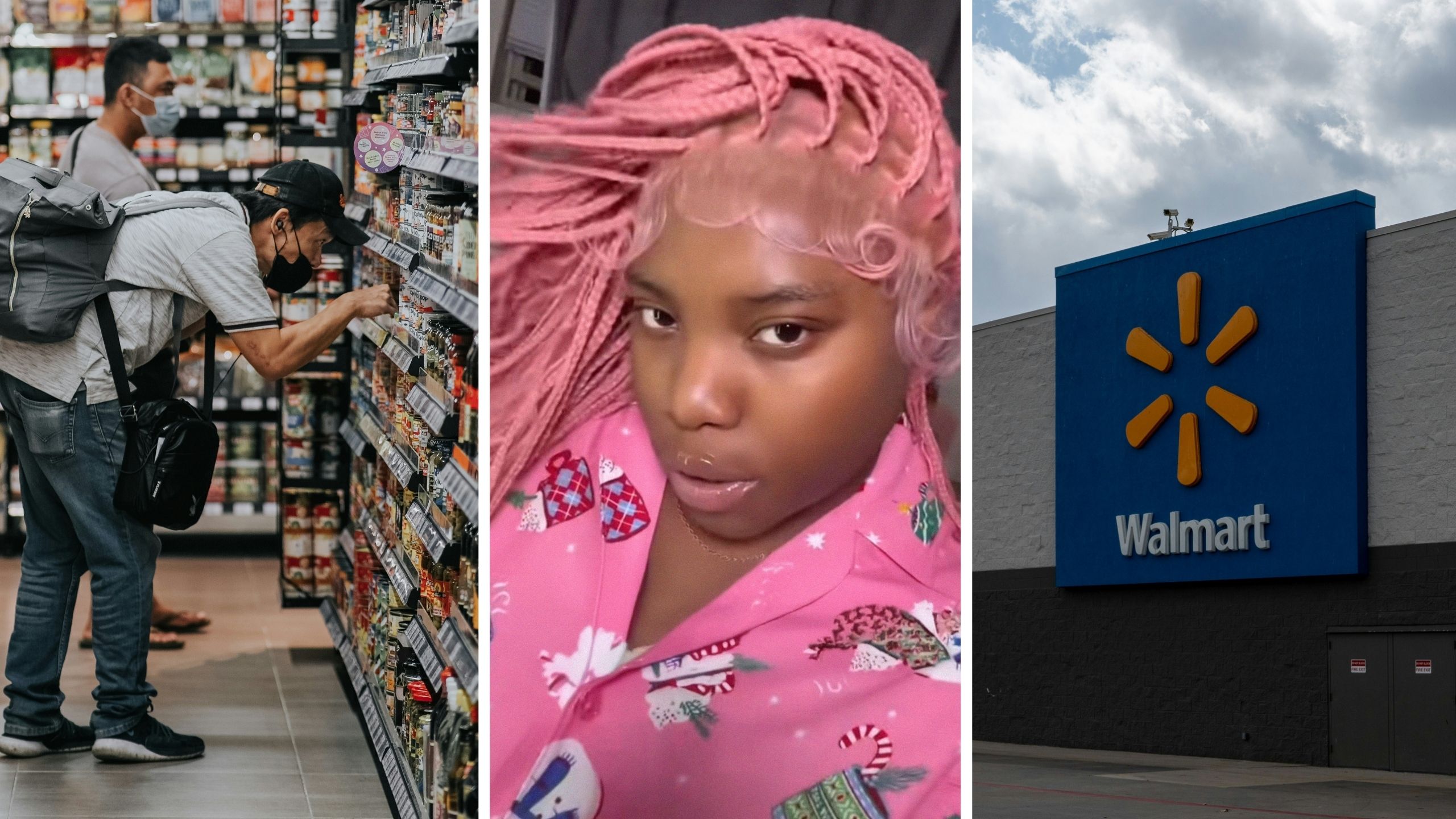 man grabbing grocery order (l) woman shares walmart order issue (c) walmart storefront (r)