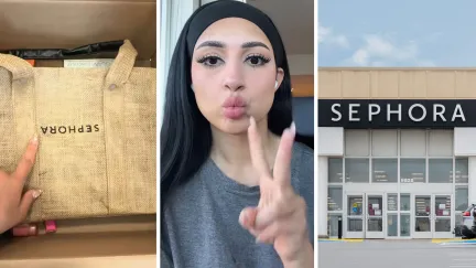 woman unboxing order (l) woman shares sephora order issue (c) Sephora storefront (r)