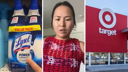 Lysol value pack of 2 (l) woman shares target shopping encounter (c) target storefront (r)