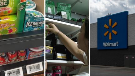 TicTac Fruit Adventure candy and Icebreaker Wintergreen mints (l) woman shopping for candy (c) Walmart storefront (r)