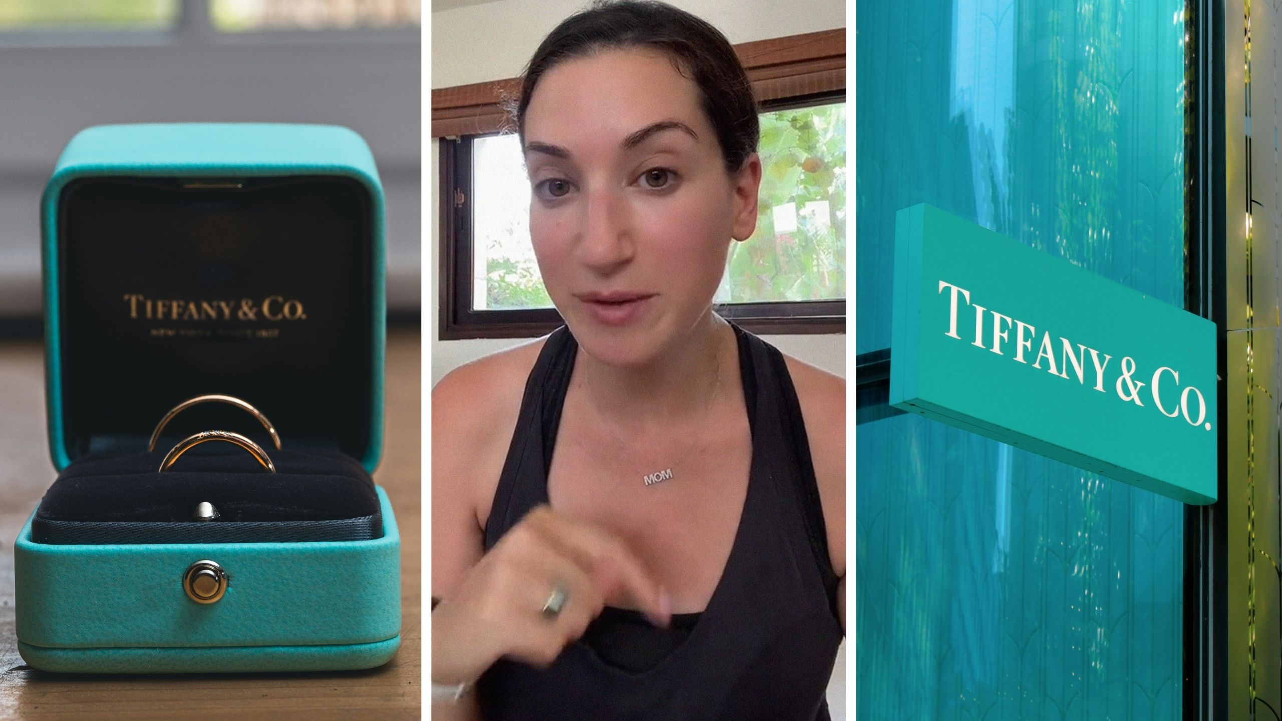 Tiffany jewelry (l) woman shares cleaning jewelry tips (c) Tiffany & Co. storefront (r)