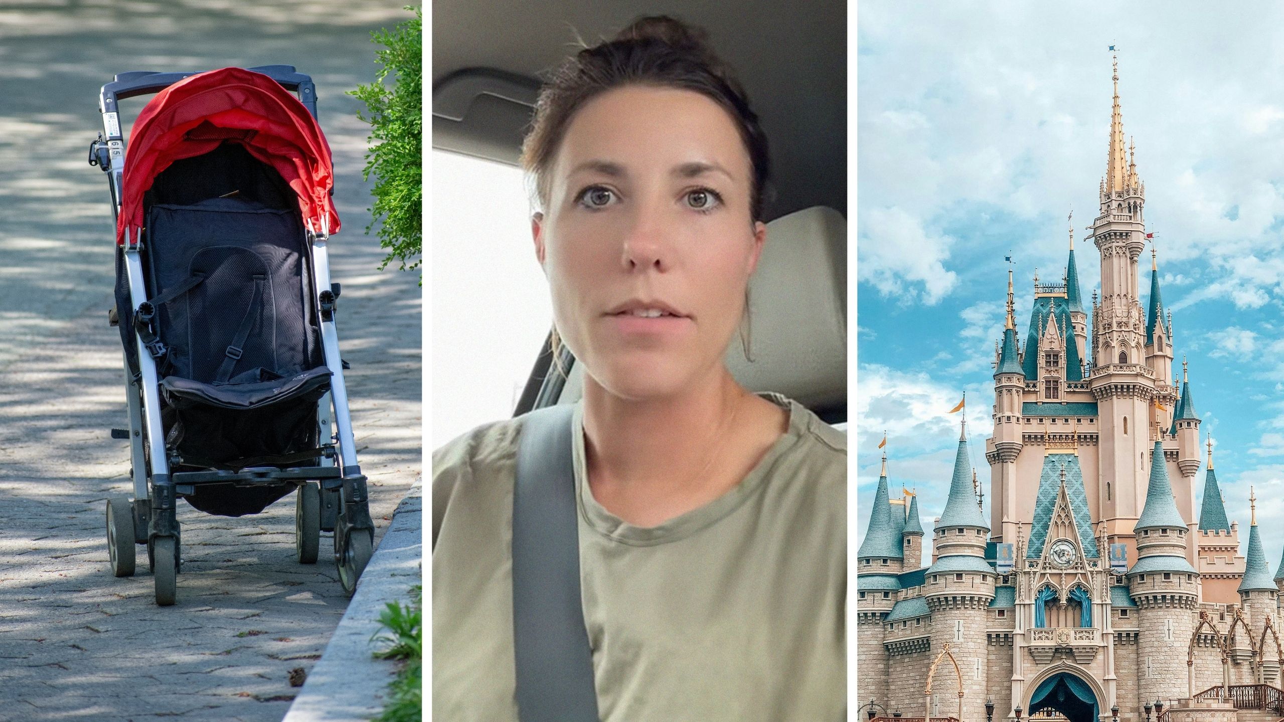 baby stroller (l) woman shares Disney experience (c) Disney World castle (r)