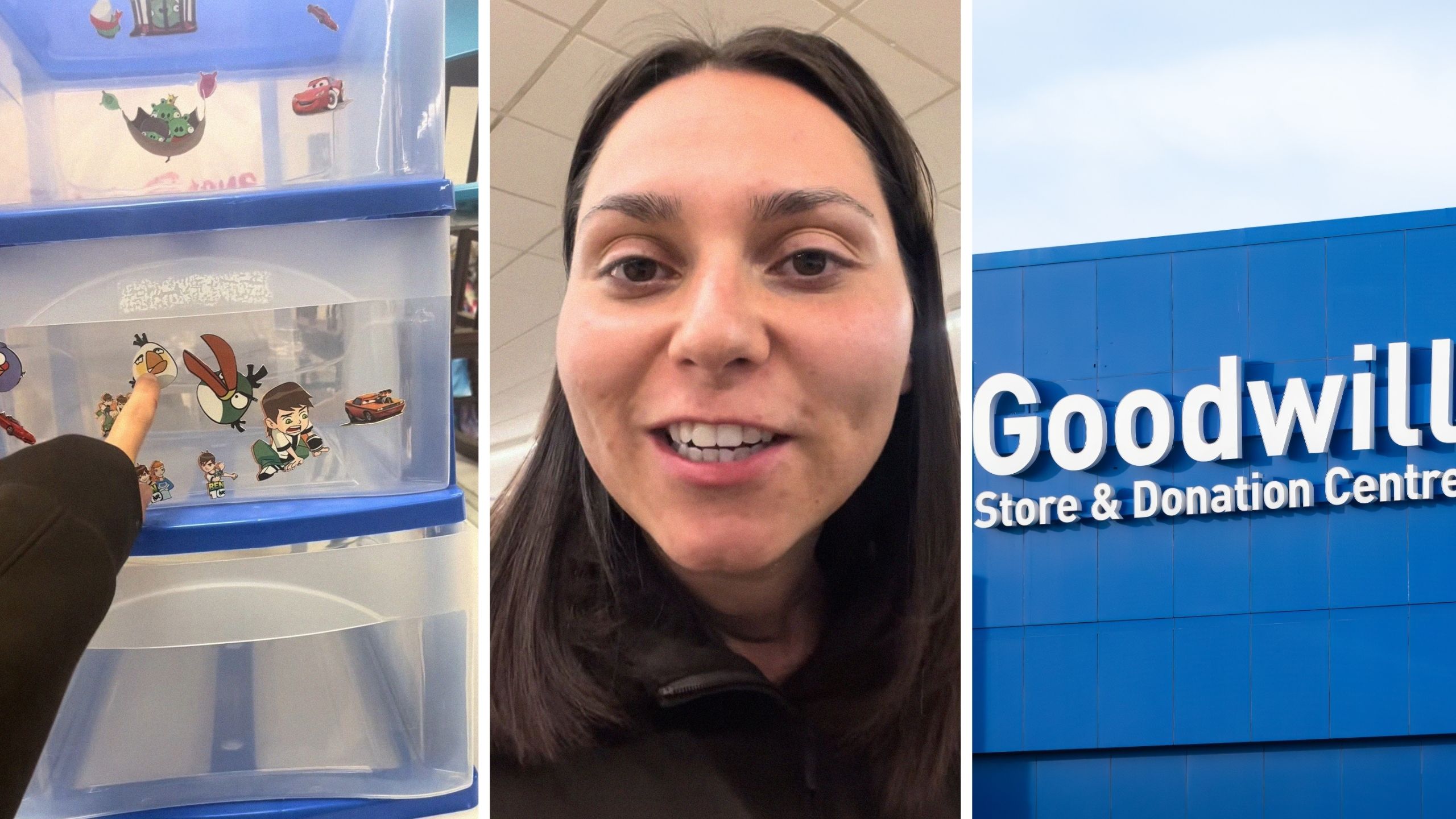woman shares shopping finds (l) woman shares Goodwill concern (c) Goodwill storefront (r)