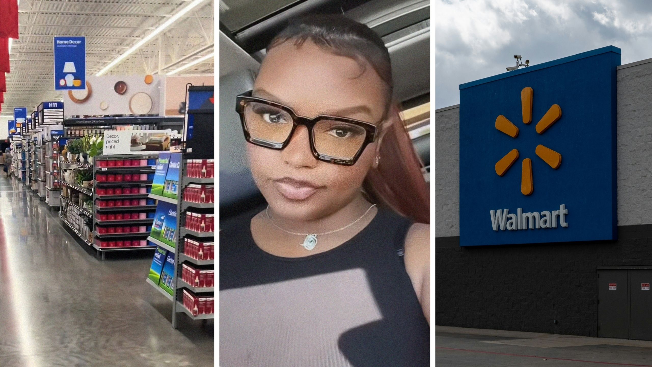 walmart shelves (l) woman shares walmart experience (c) walmart storefront (r)