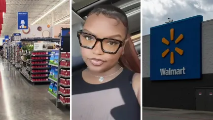 walmart shelves (l) woman shares walmart experience (c) walmart storefront (r)