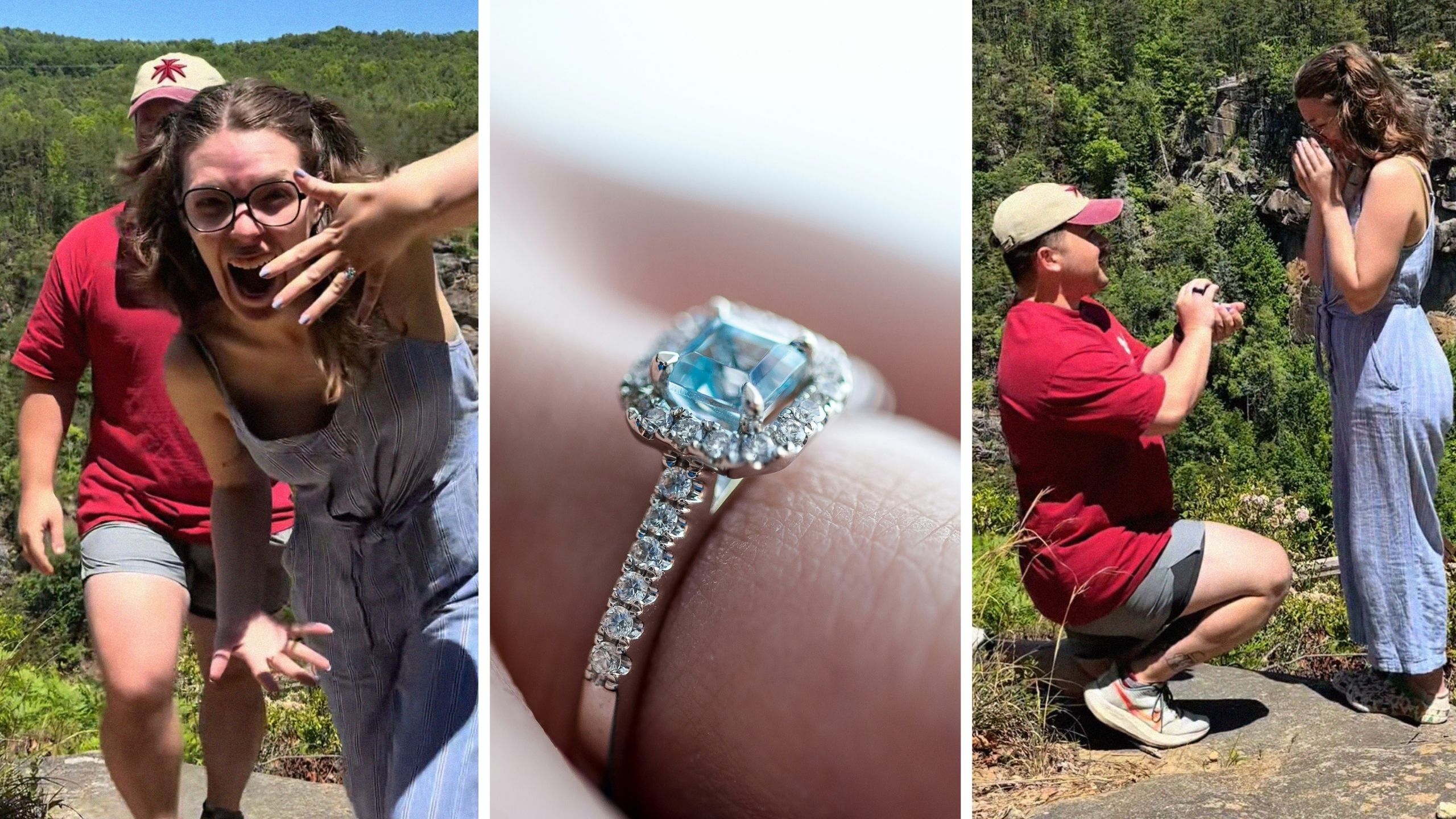 woman shows off her ring (l) engagement ring (c) man proposes to woman (r)