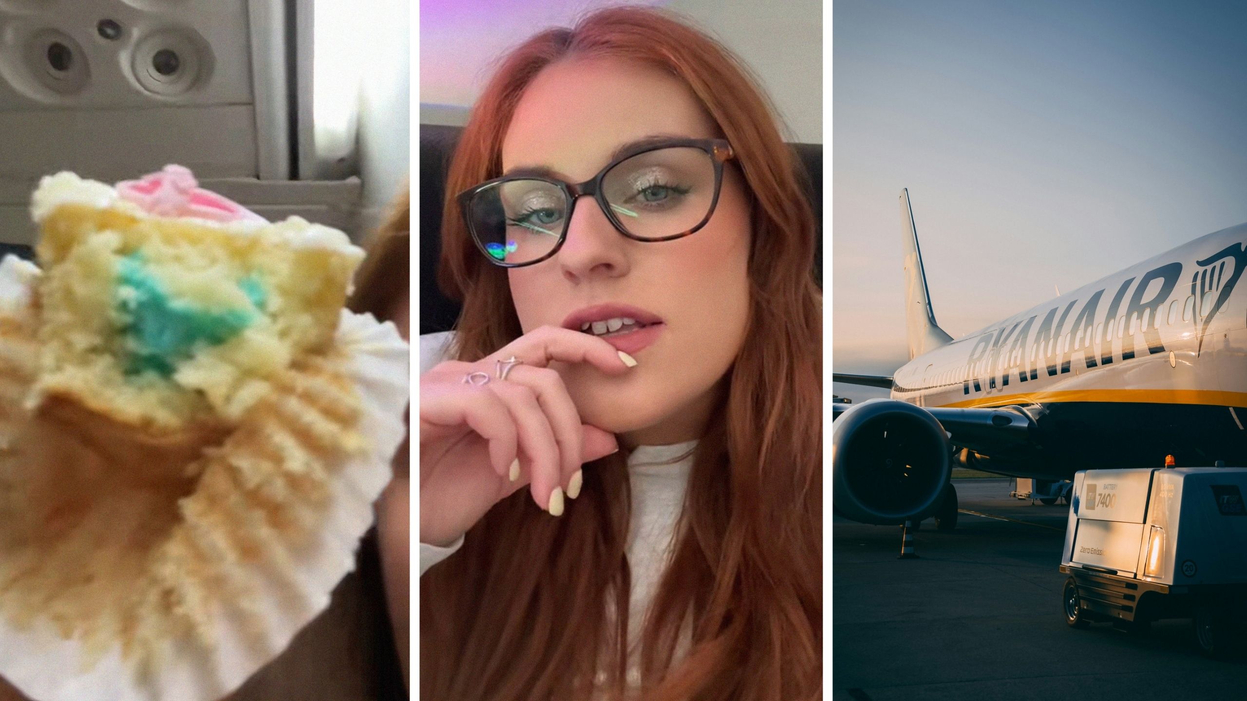 gender reveal cupcake (l) woman shares flight experience (c) RyanAir flight (r)