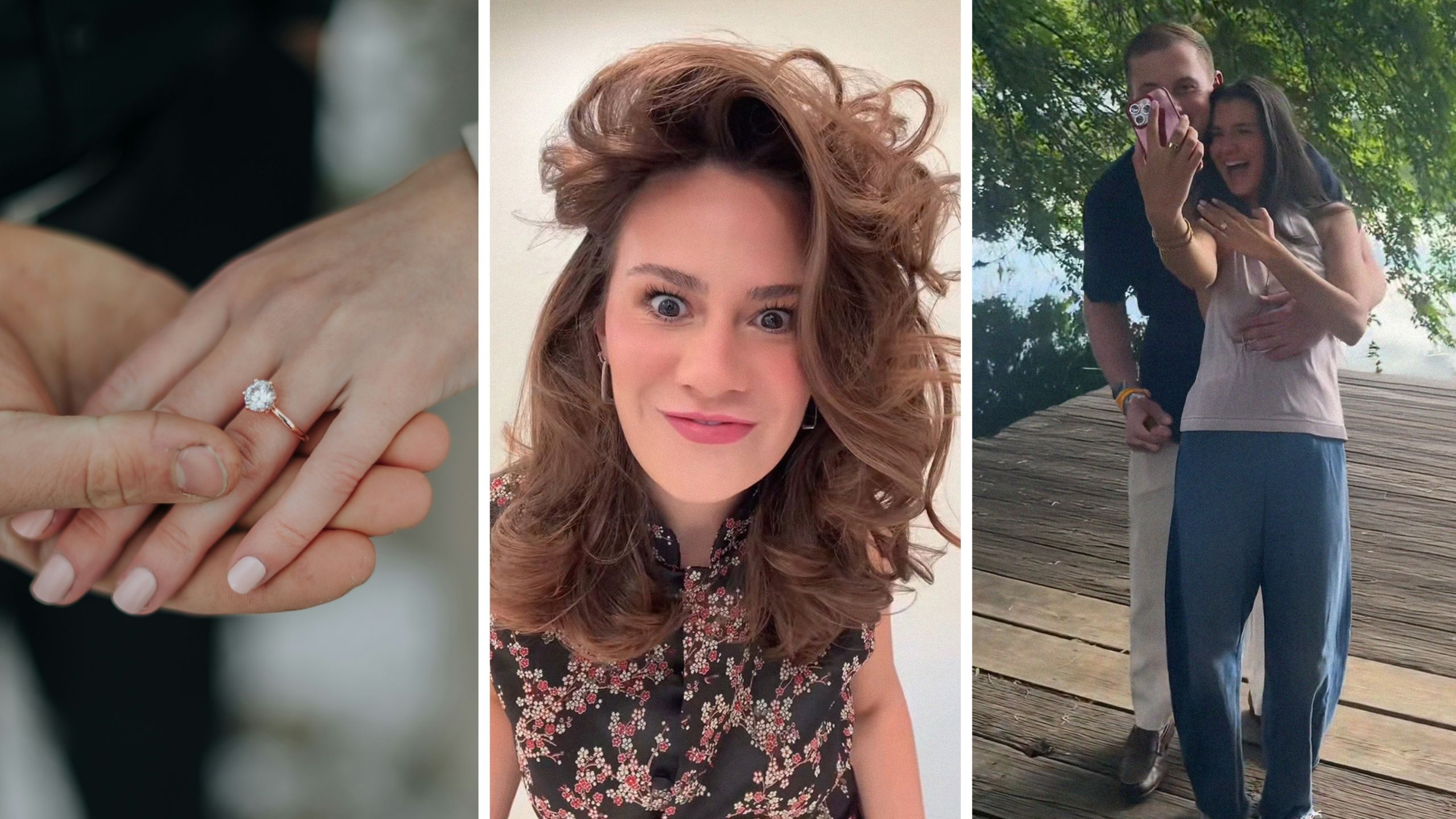 engagement ring (l) woman shares friends engagement (c) couple that just got engaged (r)