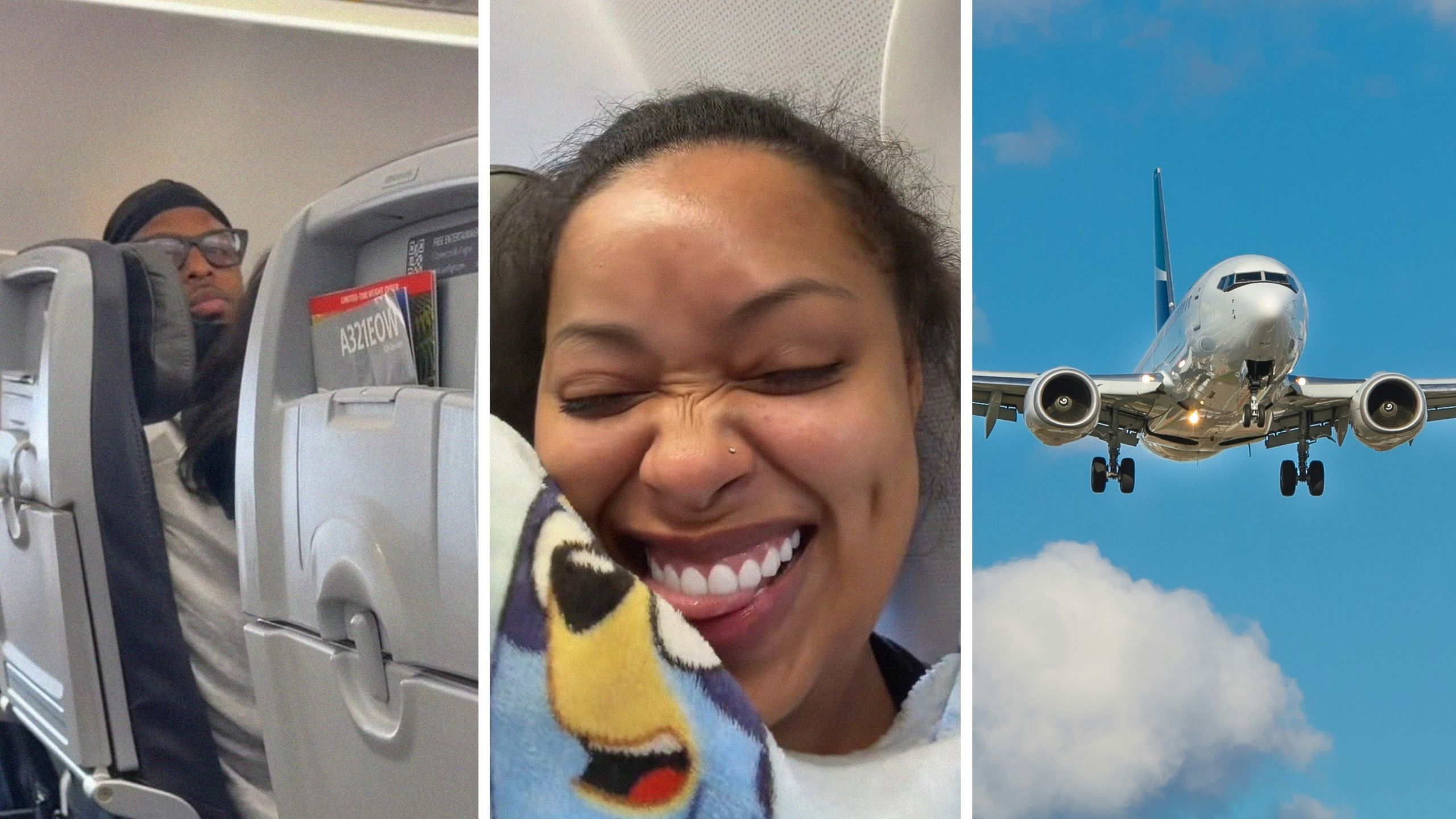 man in flight seat (l) woman shares relationship tricks (c) flight on the go (r)