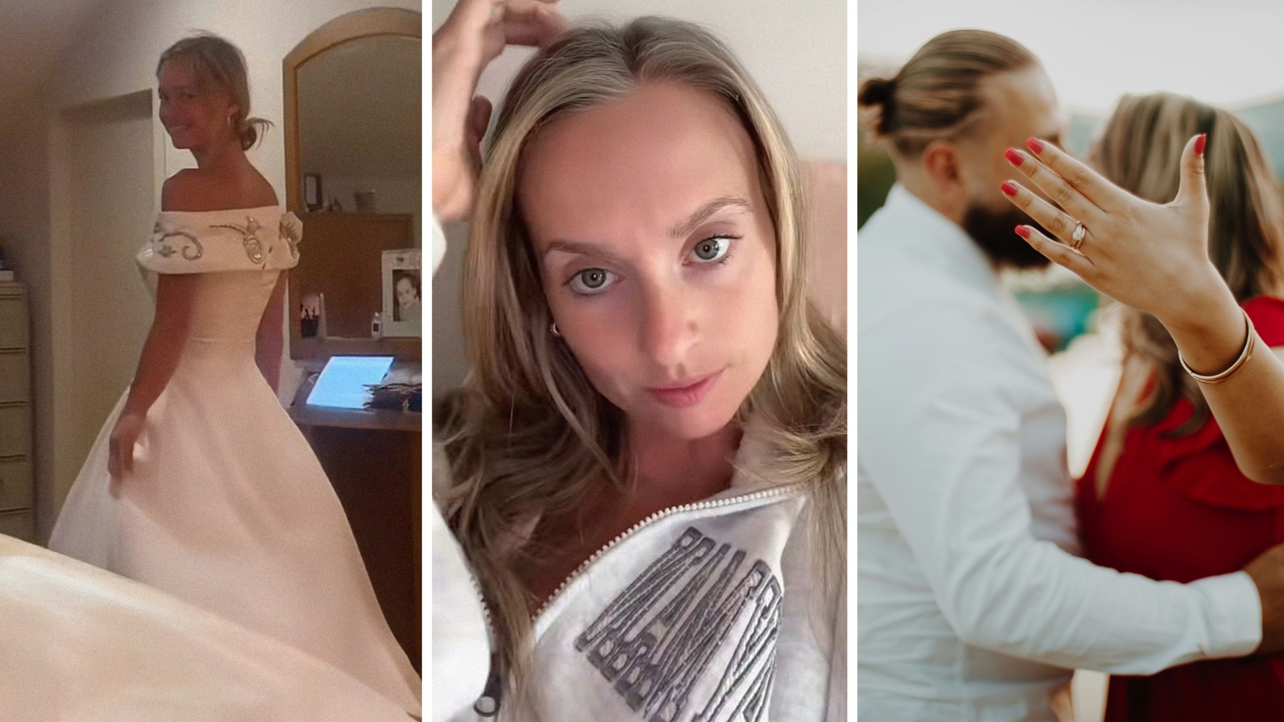 woman in wedding dress (l) woman shares why she decides to wear a dress (c) ex situationship gets engaged (r)