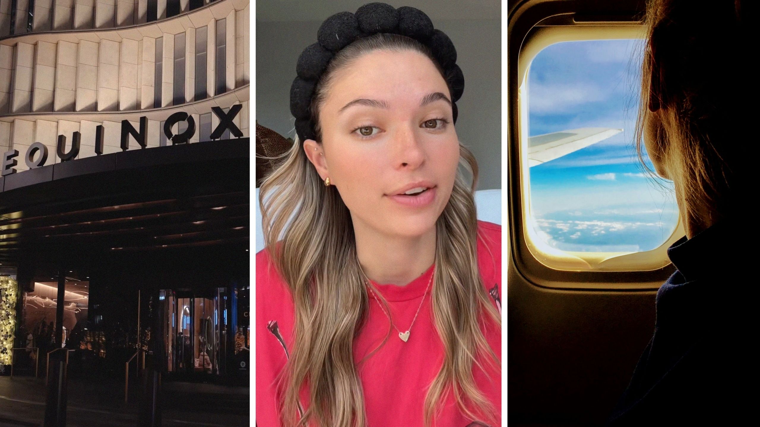 Equinox gym entrance (l) woman shares dating experience (c) woman catching a flight to LA (r)