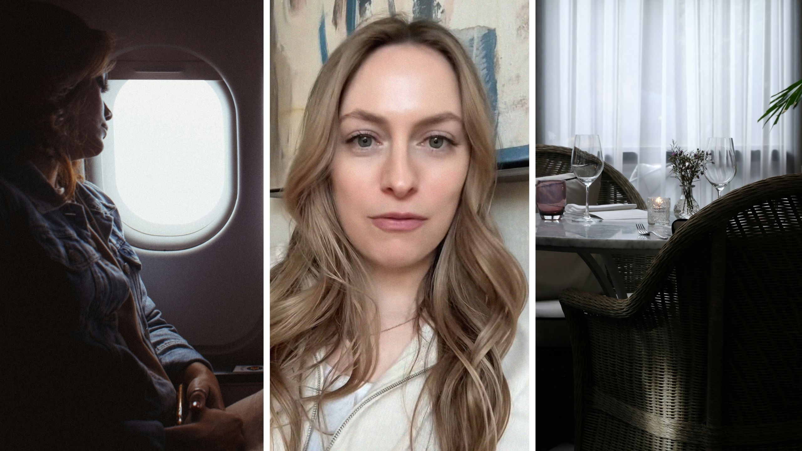 annoyed woman on flight (l) woman shares dating horror story (c) dinner date set up (r)