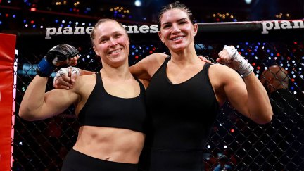 INGLEWOOD, CALIFORNIA - MAY 16: Ronda Rousey and Gina Carano pose for a photo after their featherweight bout during the main card of Netflix's Ronda Rousey vs. Gina Carano at Intuit Dome on May 16, 2026 in Inglewood, California.