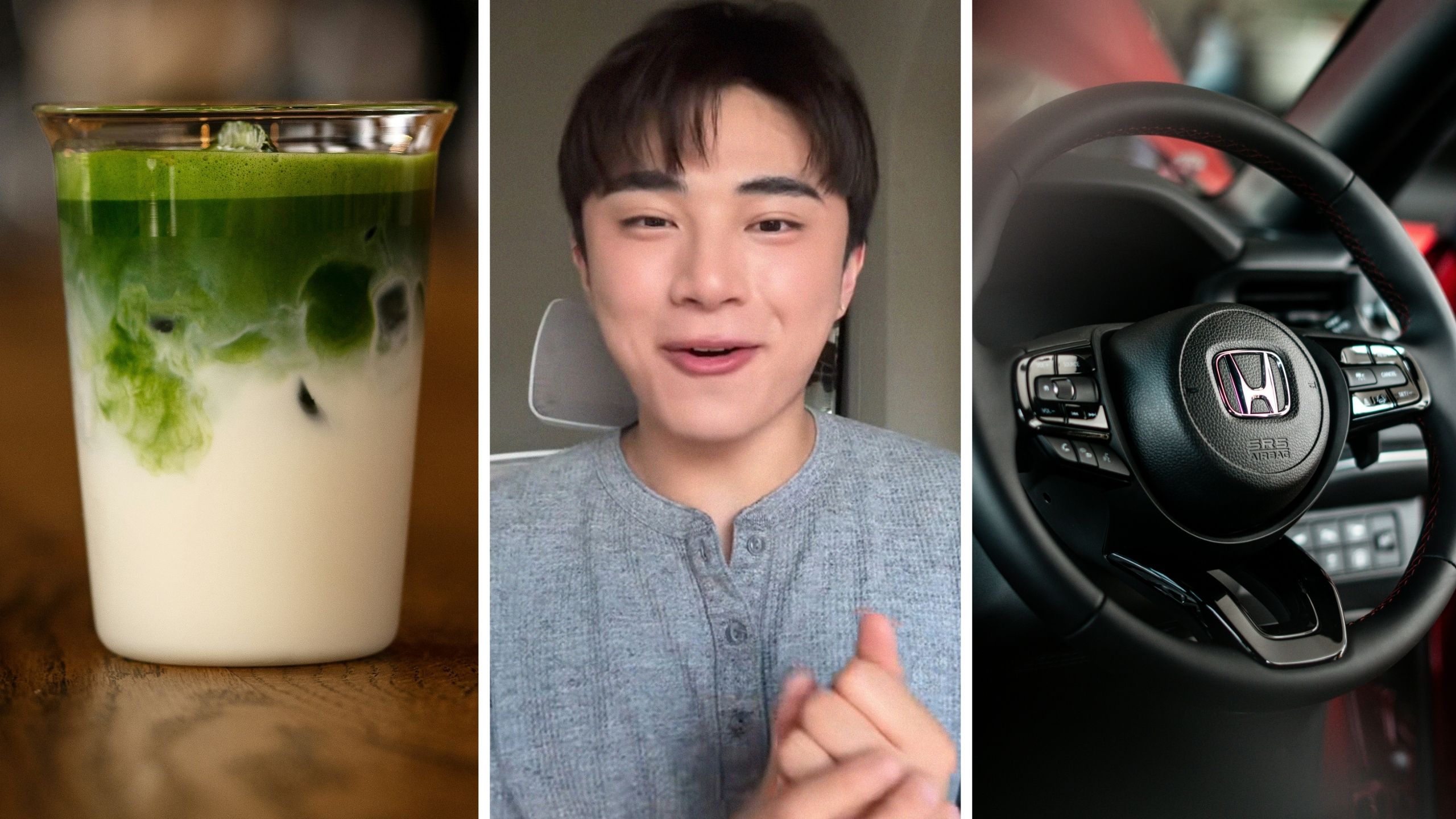 matcha latte (l) man shares coffee shop experience (c) honda steering wheel (r)