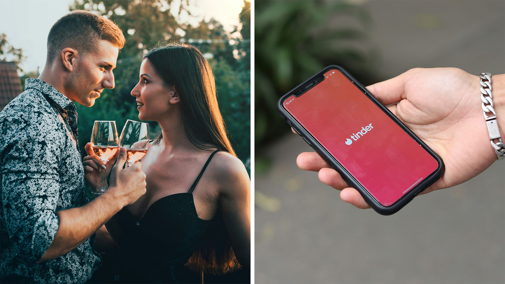 couple on date (l) tinder app (r)