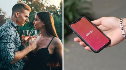 couple on date (l) tinder app (r)