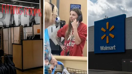 fitting rooms entrance (l) woman shares walmart experience (c) walmart storefront (r)