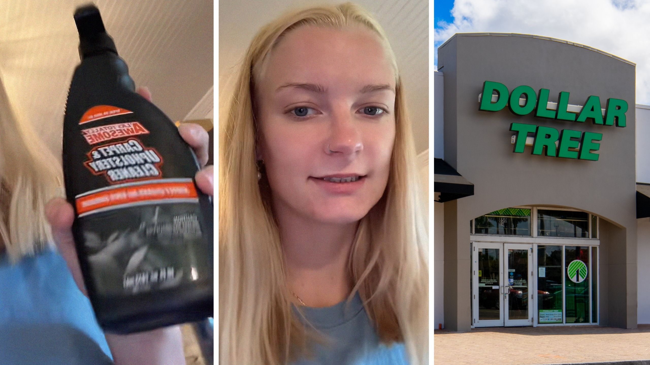 Carpet cleaner (l) woman shares dollar Tree encounter (c) Dollar Tree storefront (r)