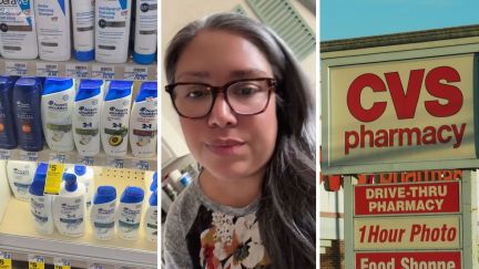 Head & Shoulders shampoo (l) woman shares CVS shopping encounter (c) CVS entrance (r)