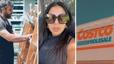 store employee (l) woman shares Costco experiences (c) Costco storefront (r)