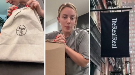 rare Birkin bag (l) woman shares store experience (c) The Real Real storefront (r)