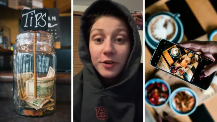 tip jar (l) woman shares restaurant experience (c) woman filming at restaurant (r)