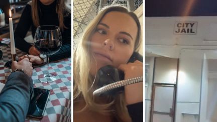 dinner date (l) woman shares date experience (c) city jail entrance (r)