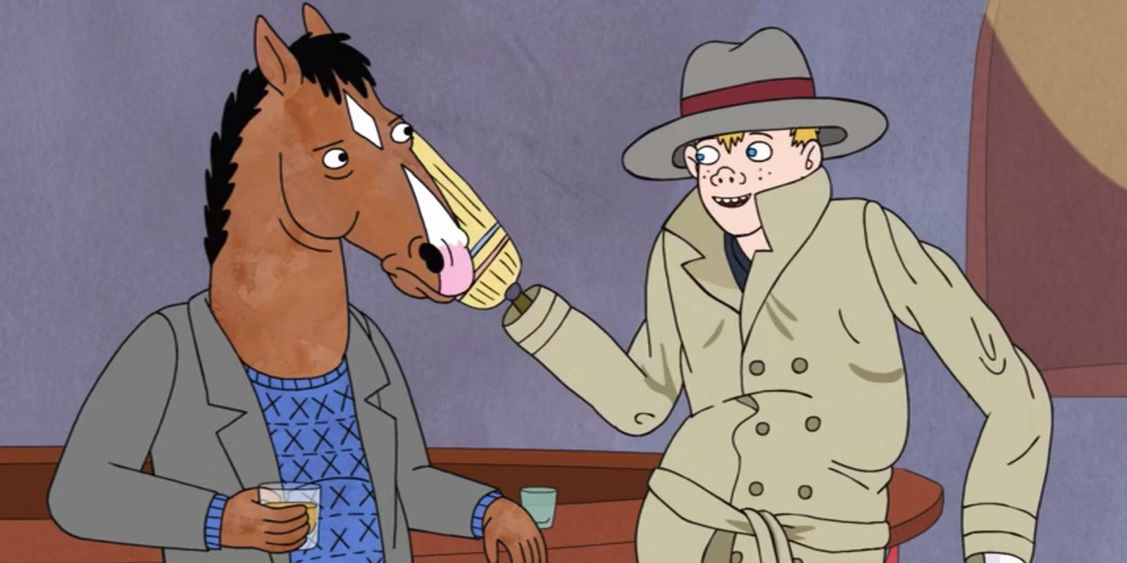 horse and a kid in a trench coat