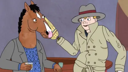 horse and a kid in a trench coat