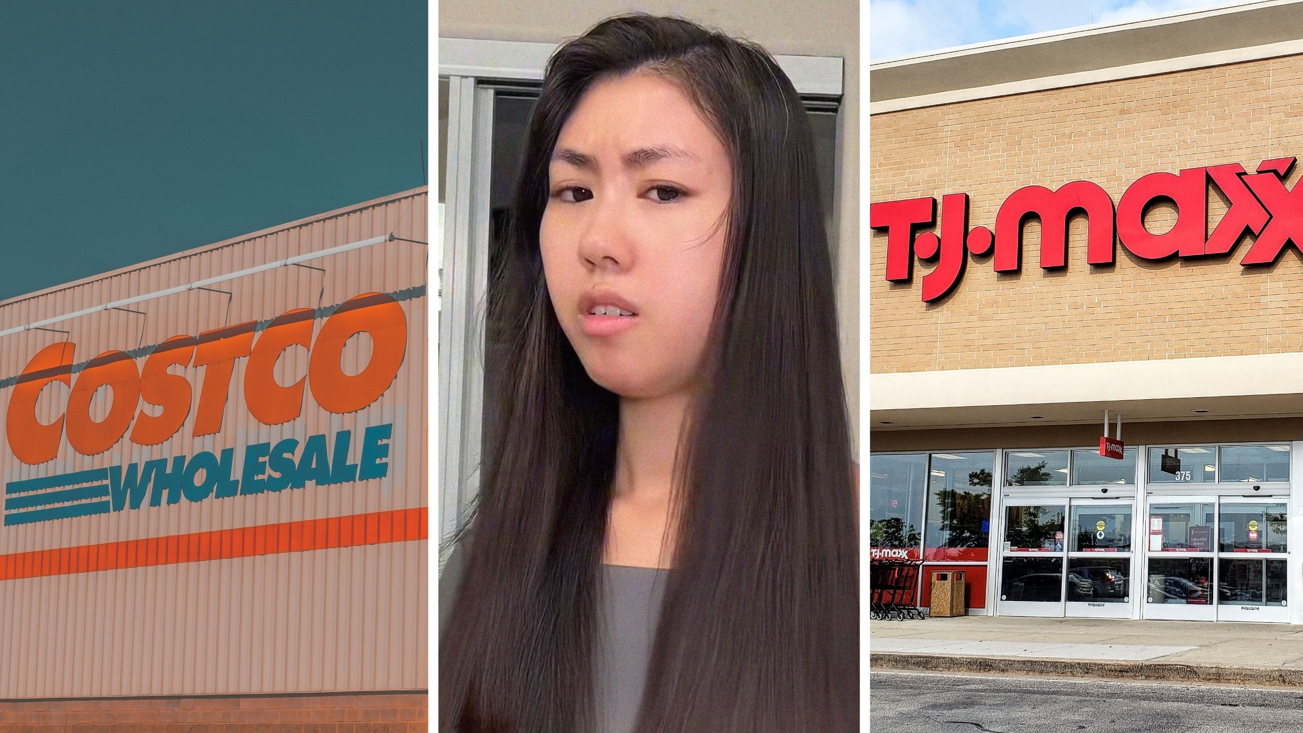Costco storefront (l) woman shares brush comparison (c) TJ Maxx storefront (r)