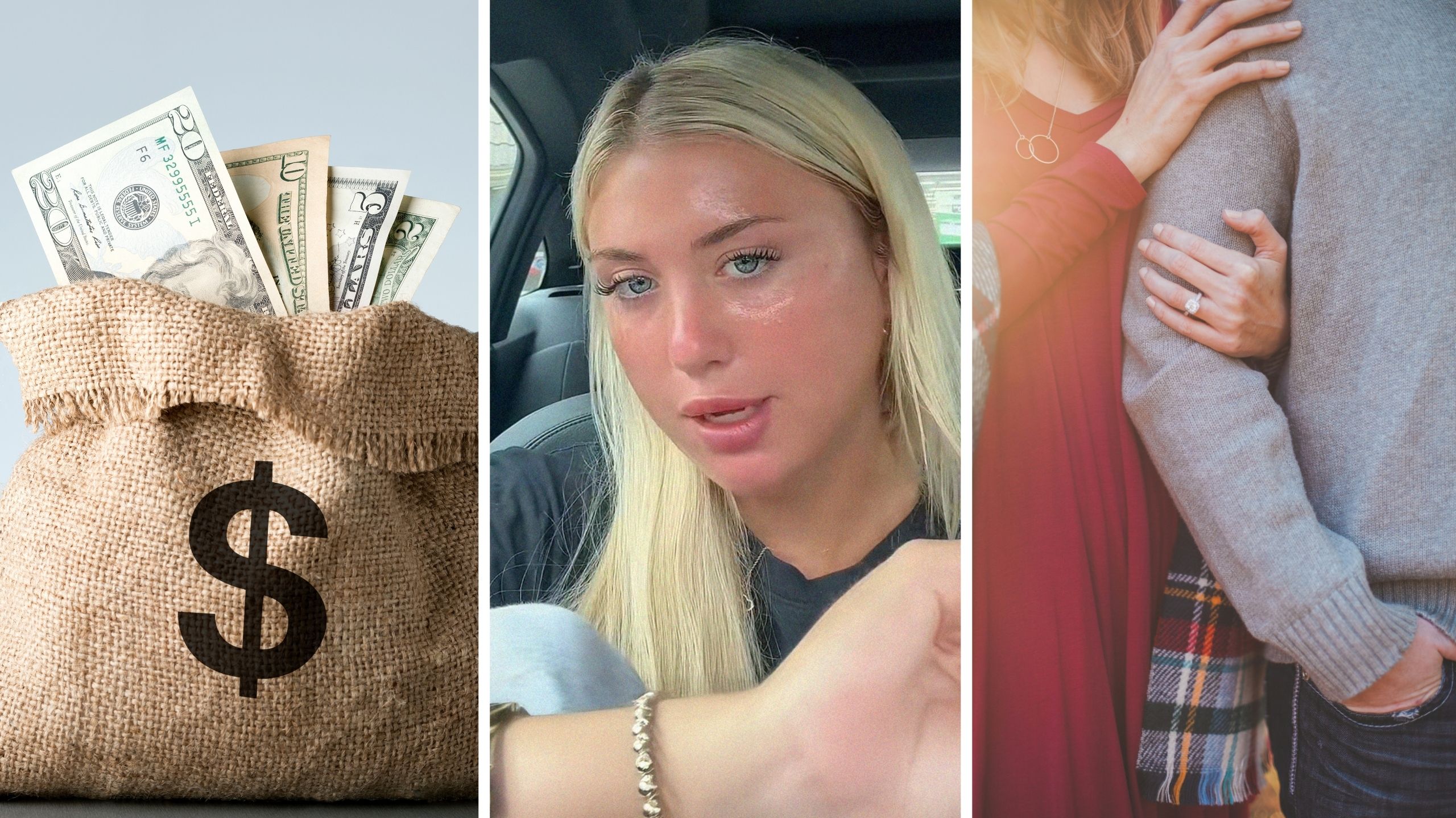 a ton of cash (l) woman shares friends dating experience (c) married couple (r)