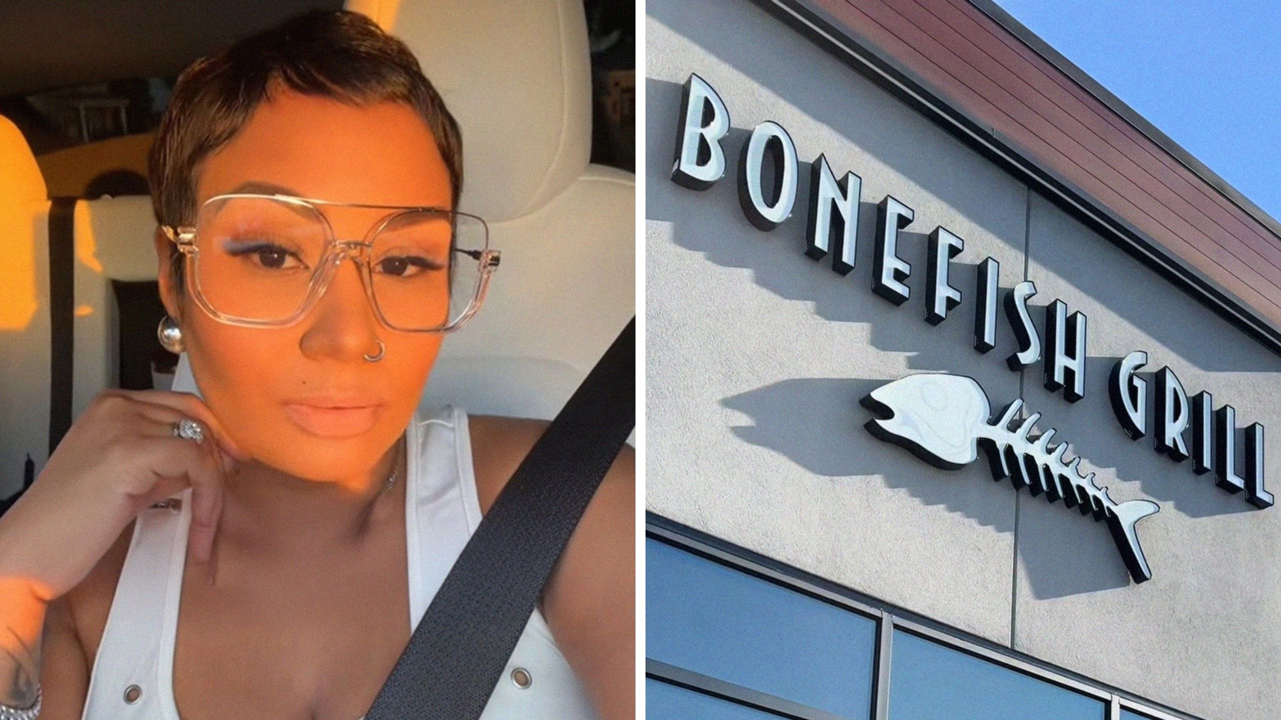 woman shares restaurant experience (l) Bone Fish restaurant (r)