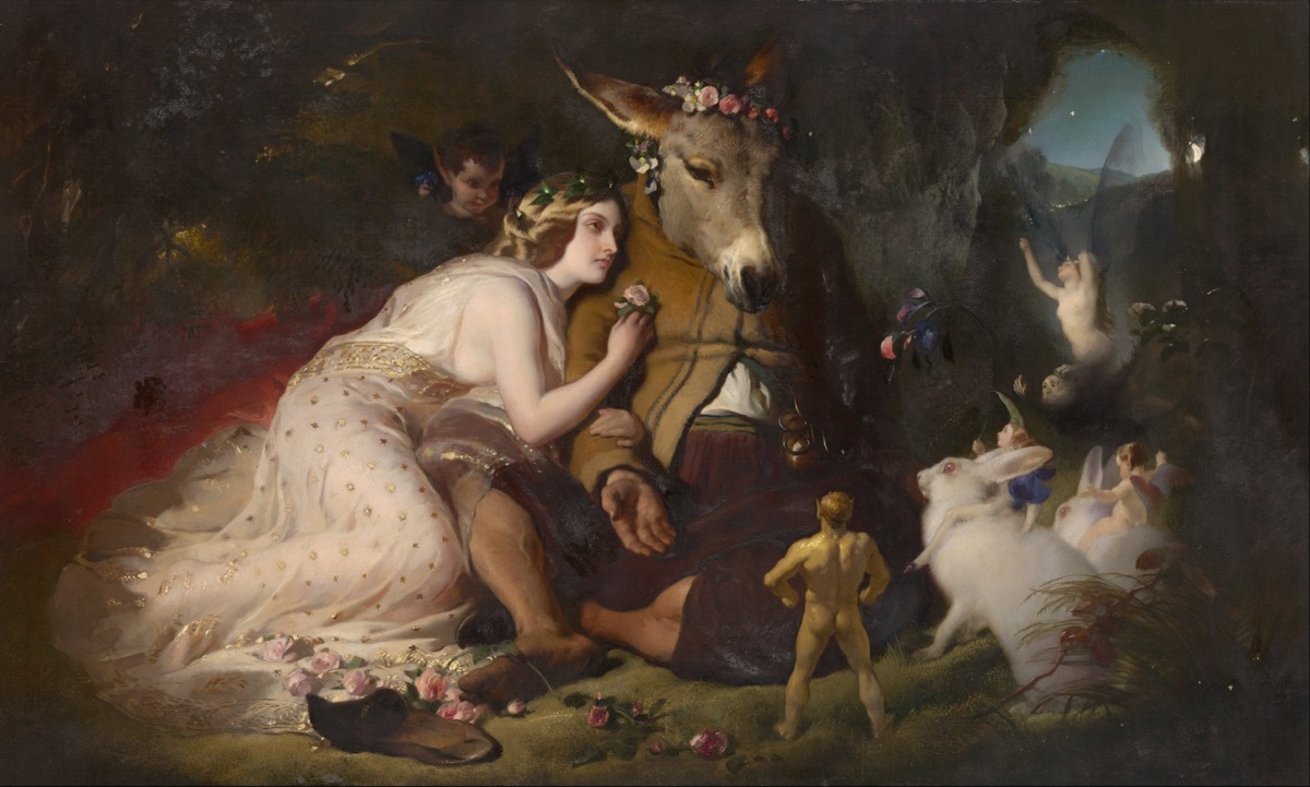 A Midsummer Night's Dream painting showing Bottom and Titania in the woods