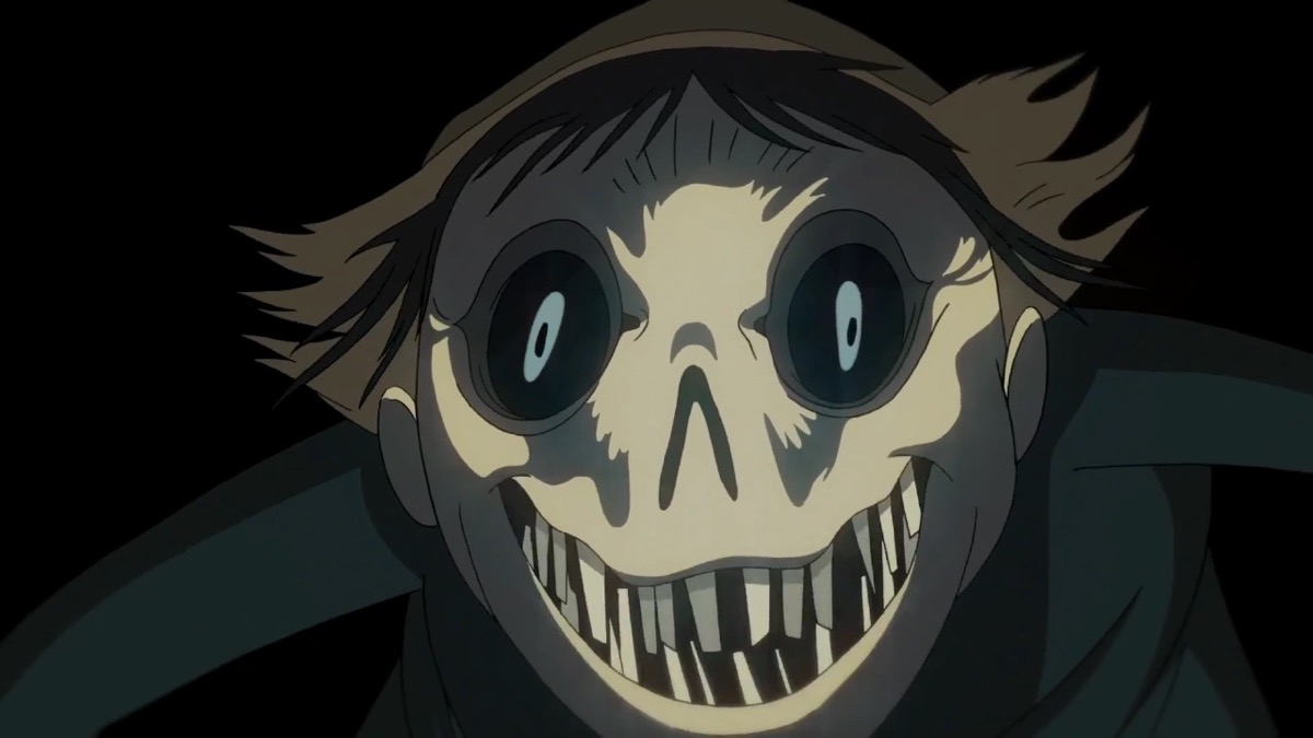 A demonic face peers out of the darkness in Over the Garden Wall
