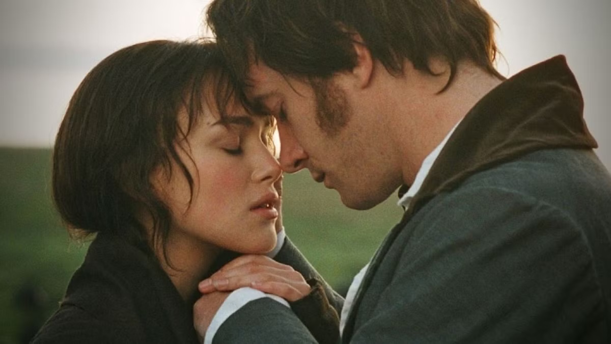 A man and woman prepare to kiss in Pride and Prejudice