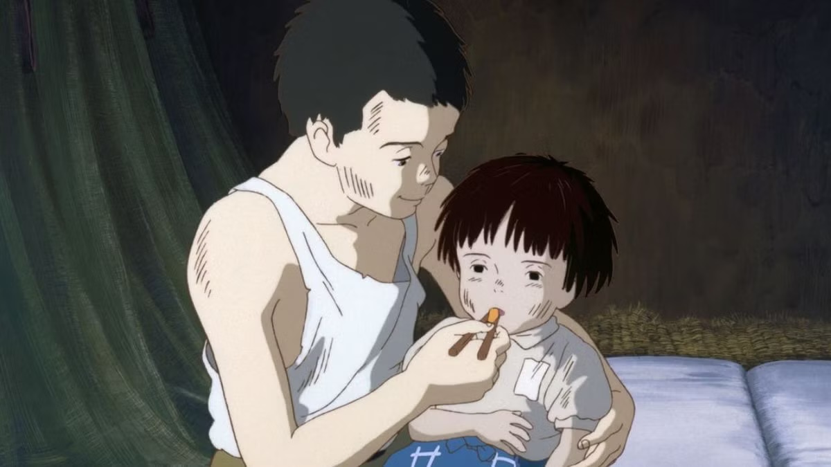 A young boy nurses a sick little girl in Grave of the Fireflies
