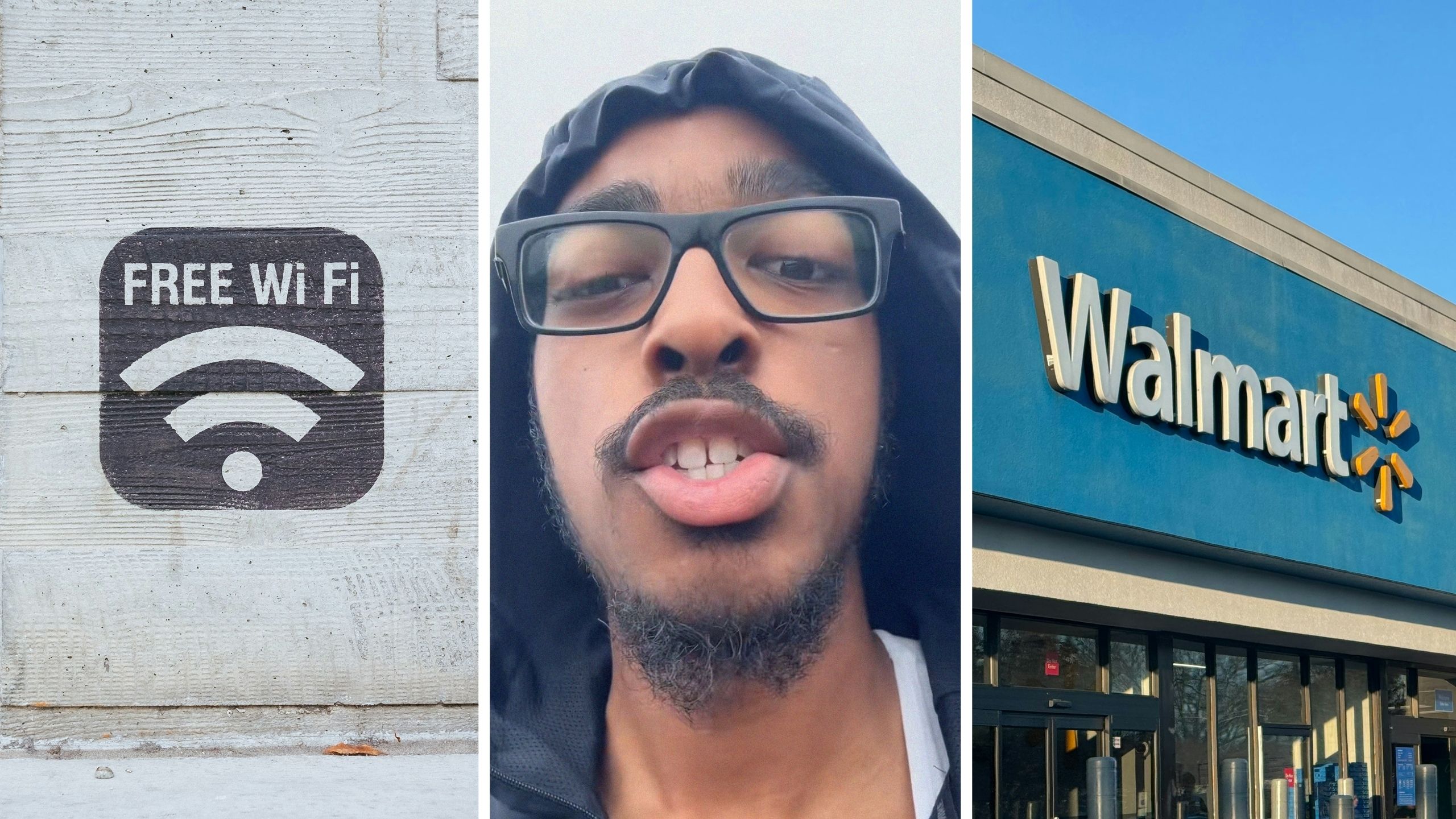 free wifi sign (l) man shares walmart experience (c) walmart storefront (r)