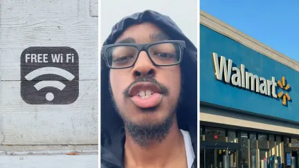 free wifi sign (l) man shares walmart experience (c) walmart storefront (r)