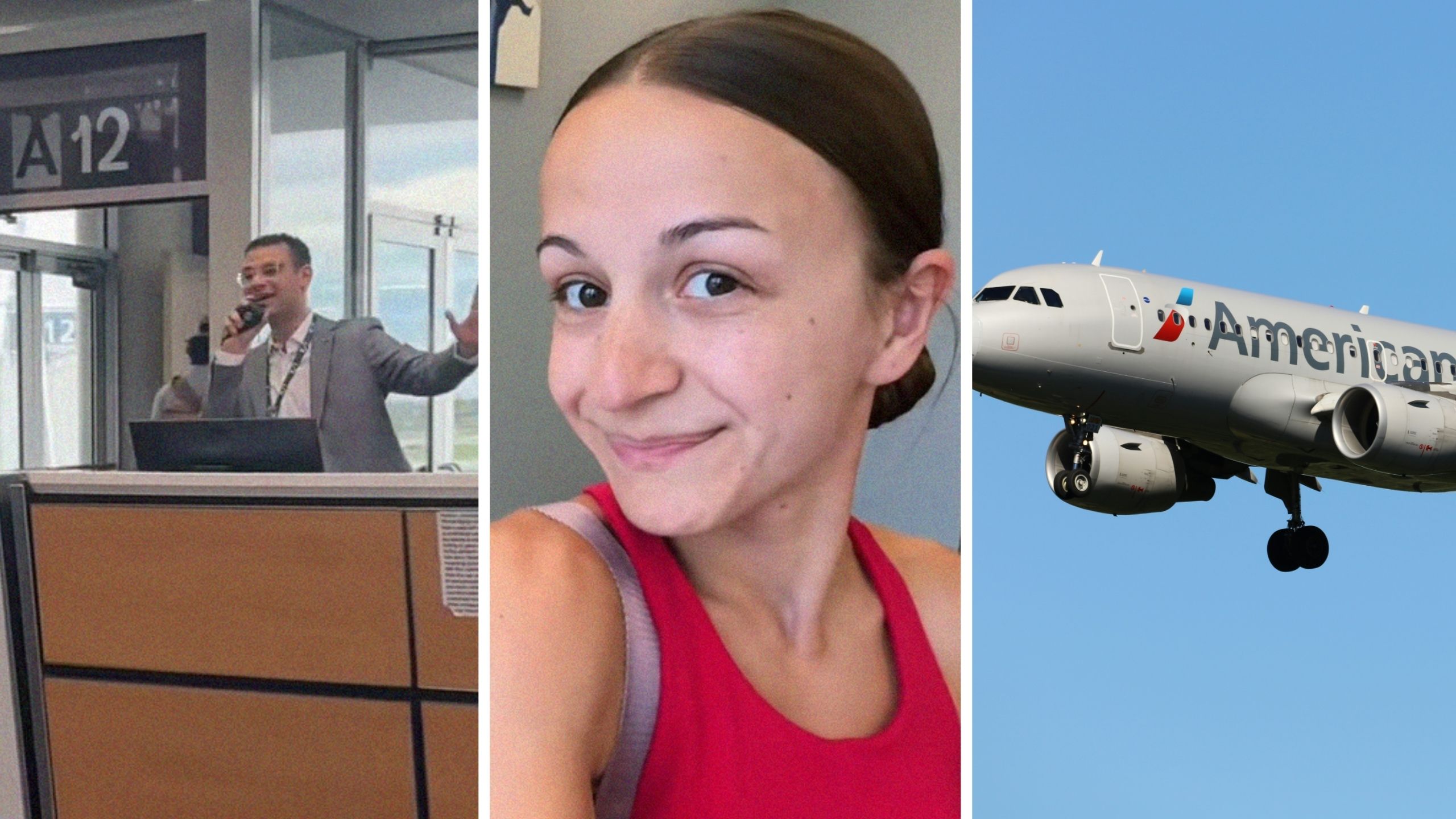 Airline employee making an announcement (l) woman shares american airlines experience (c) American airlines aircraft (r)